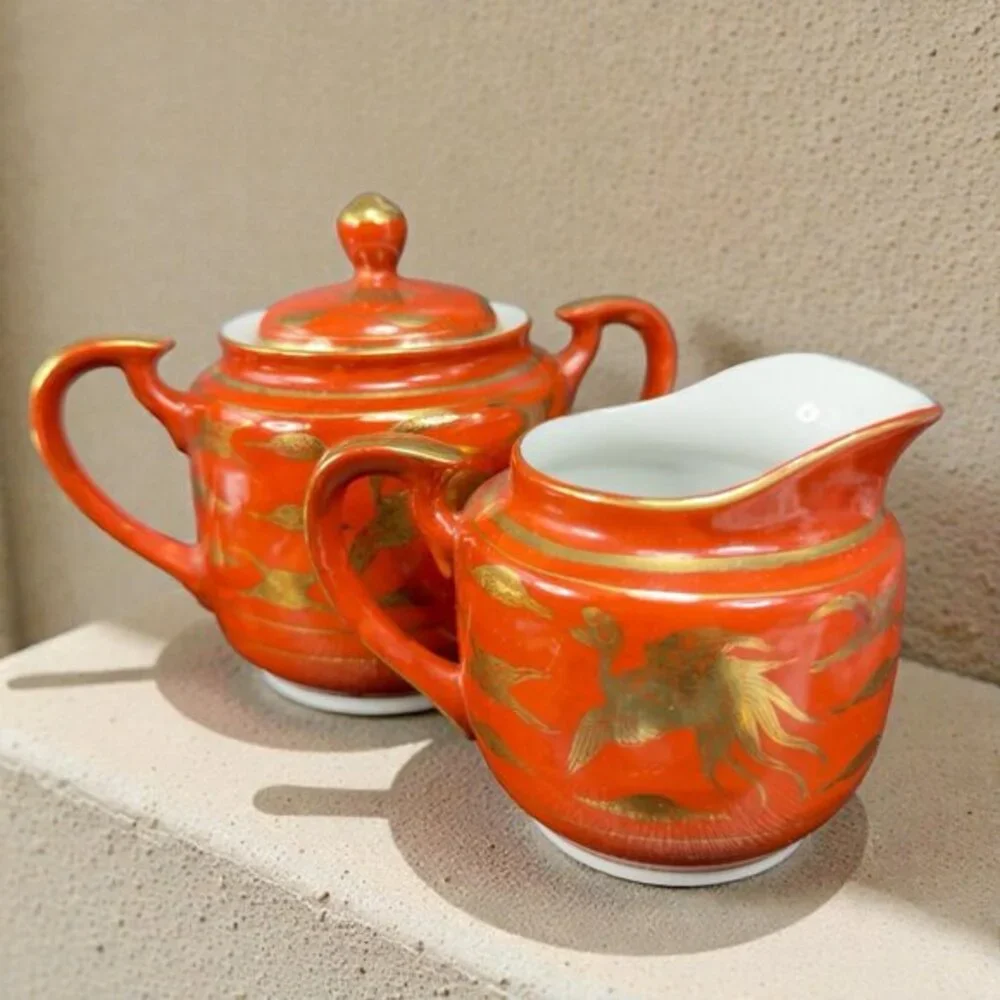 Japanese Eiraku Eggshell Sugar And Creamer Set‎ Phoenix Dragon Pattern Antique